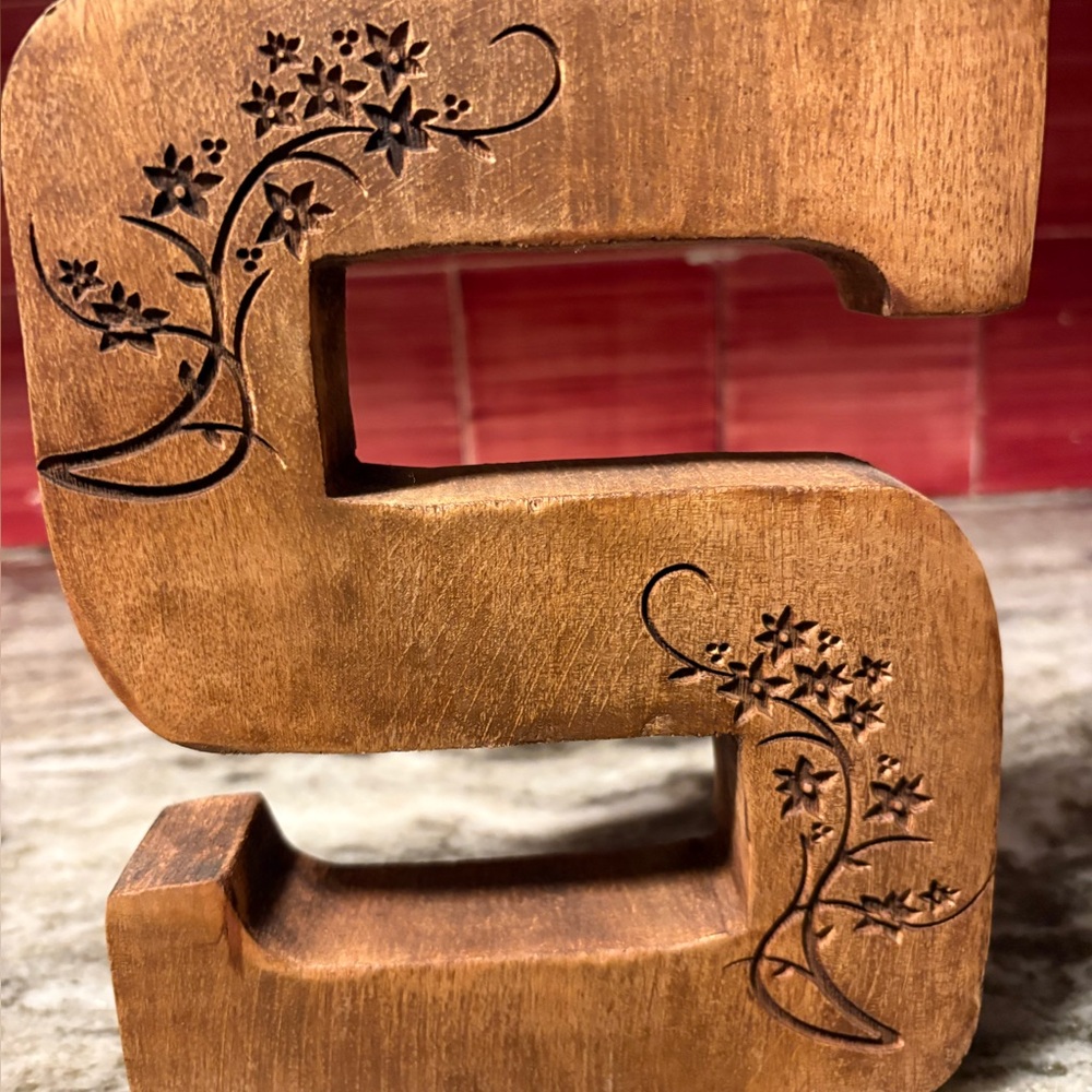 Decorative Carved Wooden Letter S - Brown